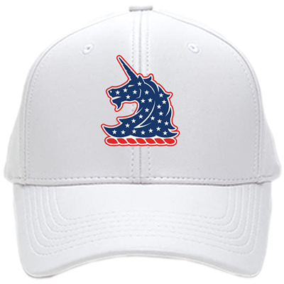 White baseball hat with blue unicorn